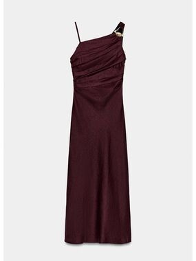 Zara One-Shoulder Wine Red Evening Gown with Gold Accent| Never Worn Sold out!
